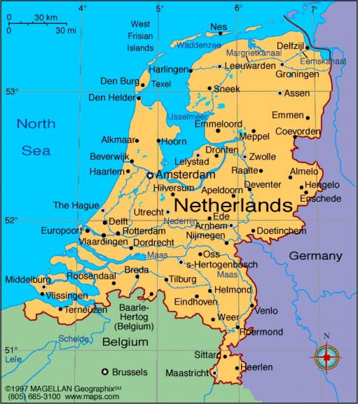 Netherlands cities map - Map of Netherlands with cities (Western Europe