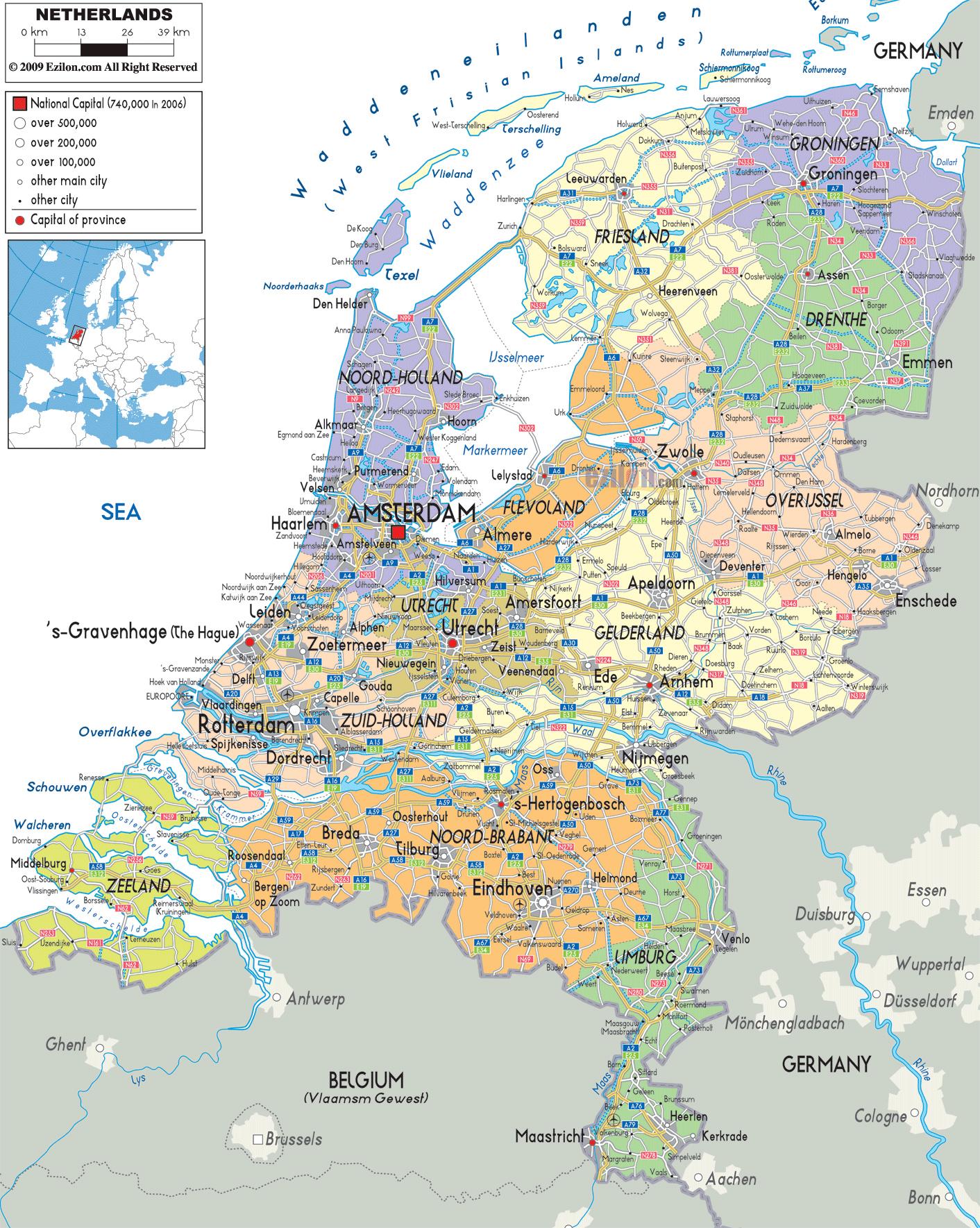 Holland map with cities - Map of Holland with cities (Western Europe