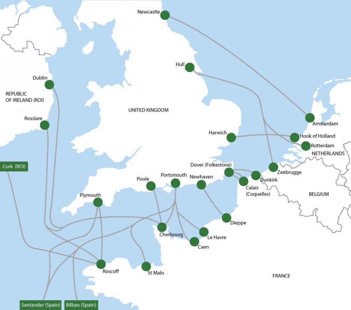map of ferry routes to Holland